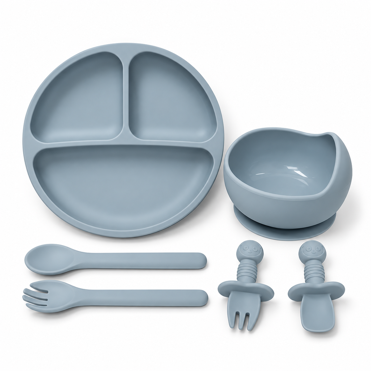 6-Piece Silicone Baby Feeding Set – Blue Grey