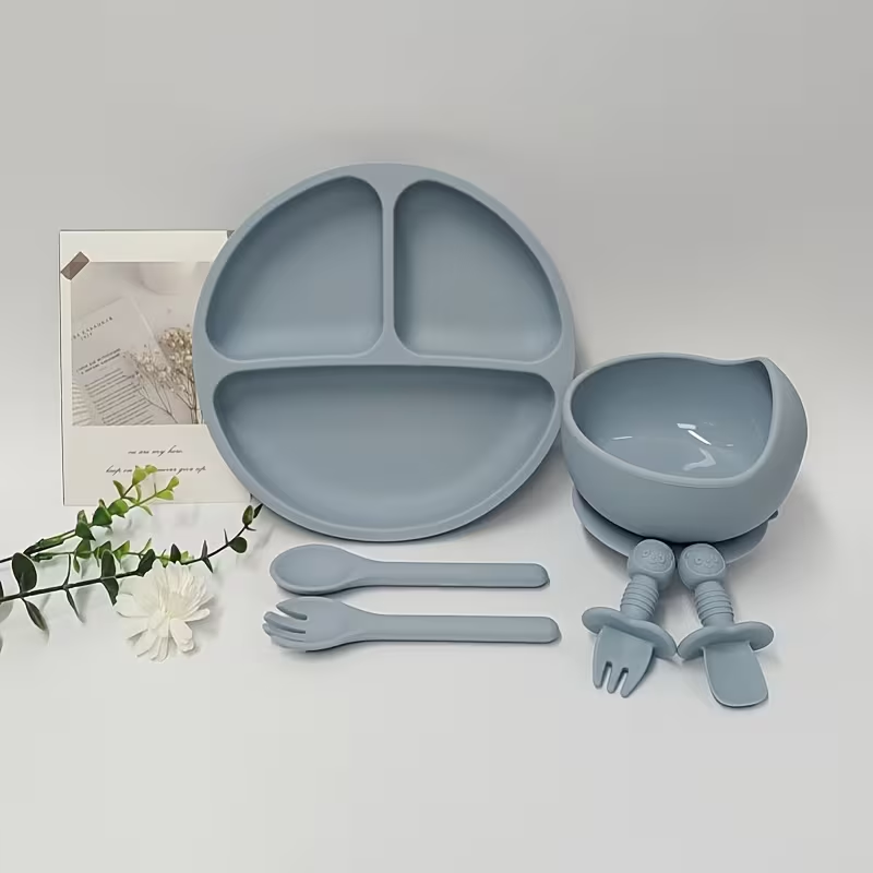 6-Piece Silicone Baby Feeding Set – Blue Grey