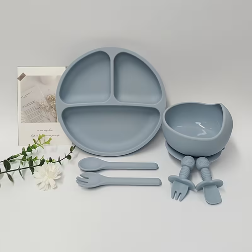 6-Piece Silicone Baby Feeding Set – Blue Grey